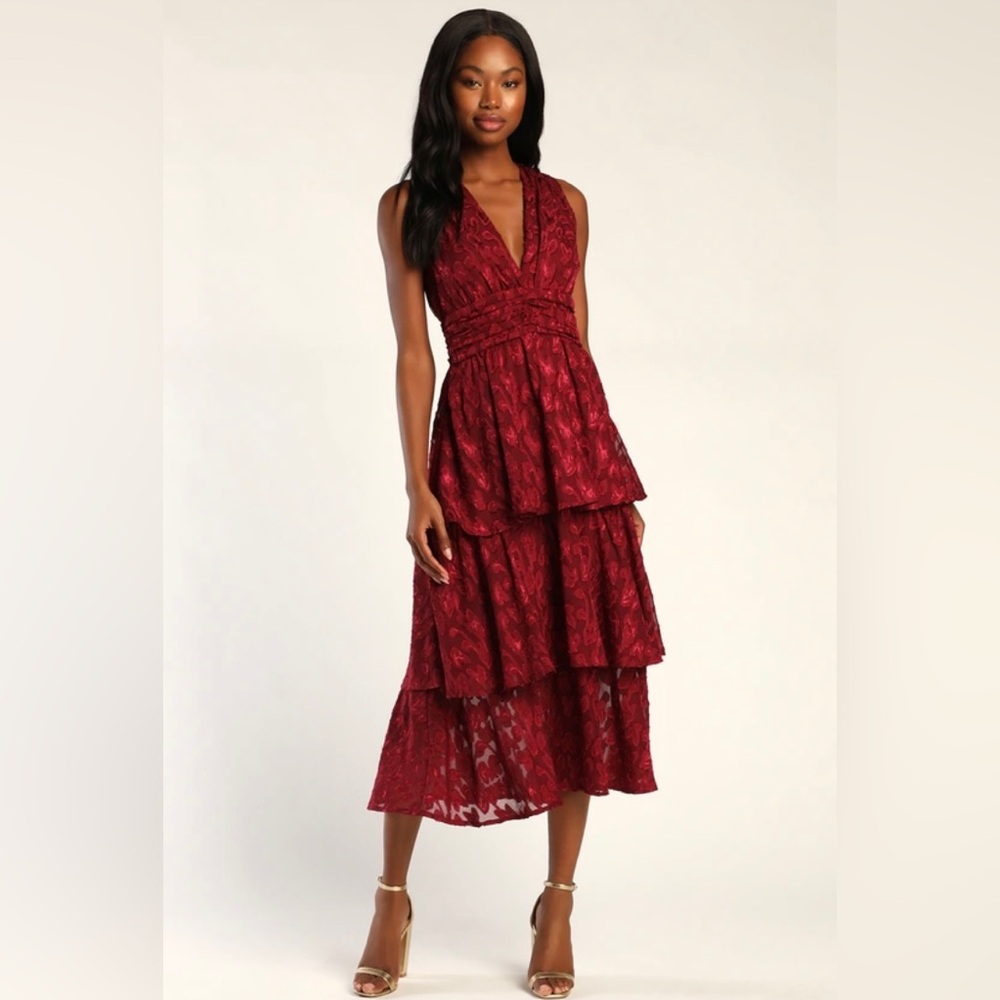 Lulus Make It Mesmerizing Wine Red Jacquard Tiered Midi Dress - Wedding Guest